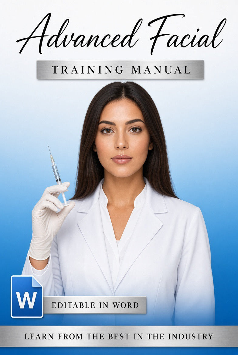 Digital cover for an 'Advanced Facial Training Manual' featuring a woman in a white lab coat holding a syringe, with text indicating it is editable in Word.