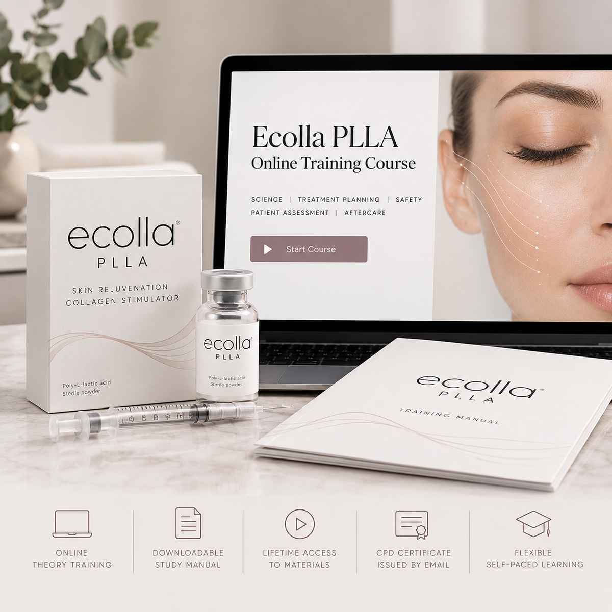 Ecolla PLLA online aesthetics training course covering PLLA biostimulators and collagen stimulation
