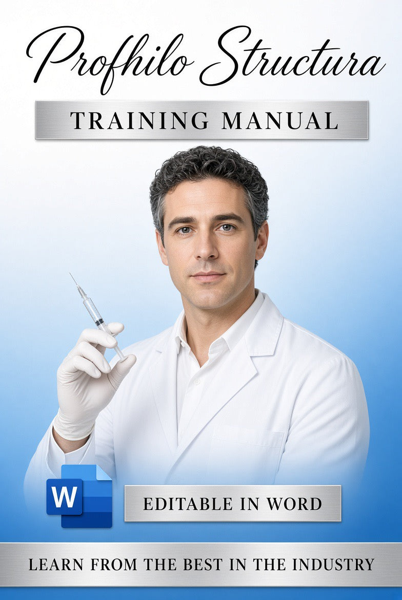 Cover of a training manual titled 'Profhilo Struttura Training Manual' featuring a man in a white lab coat holding a syringe, with text stating 'Editable in Word' and a Microsoft Word logo.