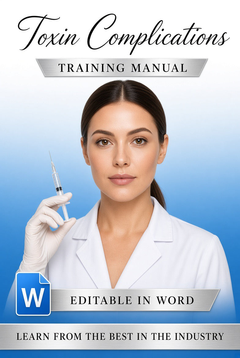 Cover of a 'Toxin Complications Training Manual' featuring a woman in a white lab coat holding a syringe against a blue gradient background, with text indicating it is editable in Word.