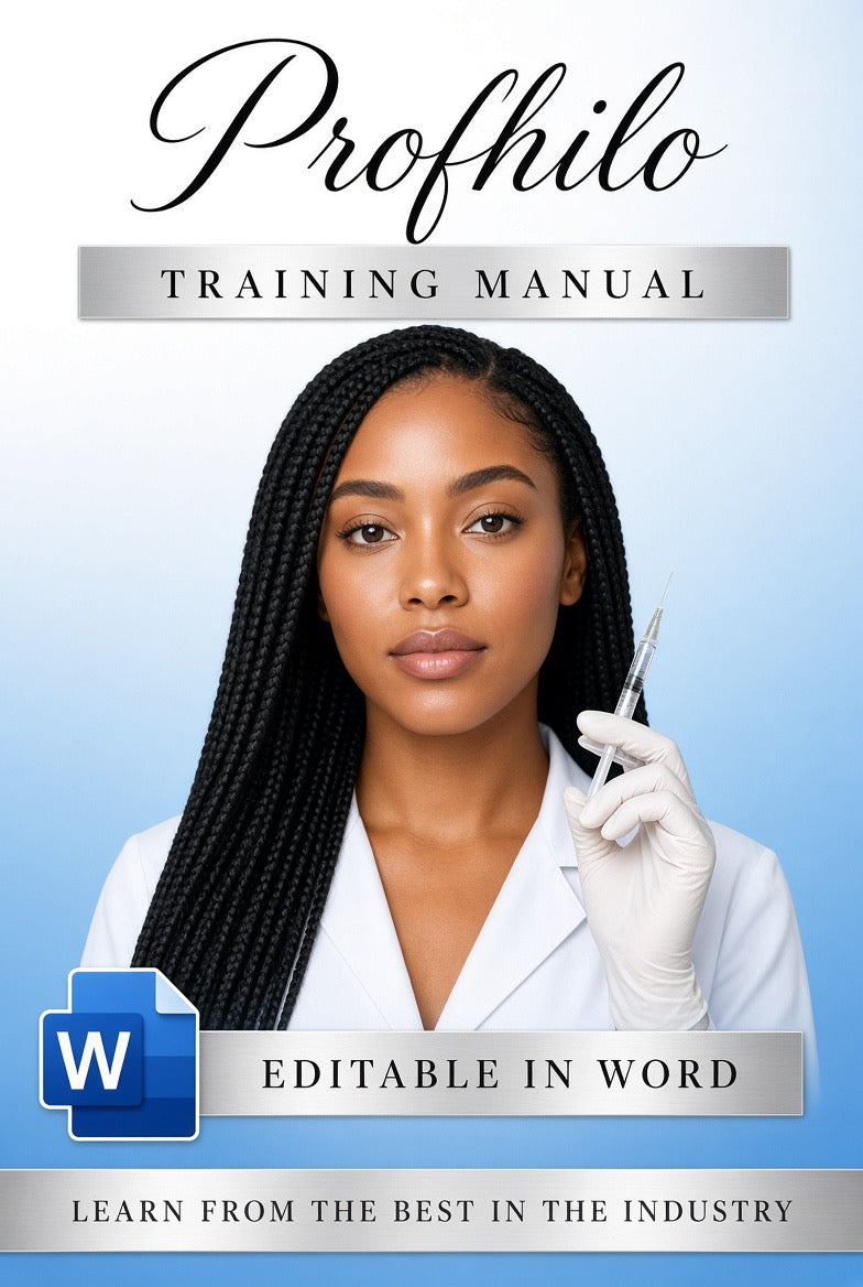 Cover of a digital training manual titled 'Profhilo Training Manual' featuring a portrait of a woman in a white lab coat holding a syringe, with text stating 'Editable in Word' and a Microsoft Word logo.