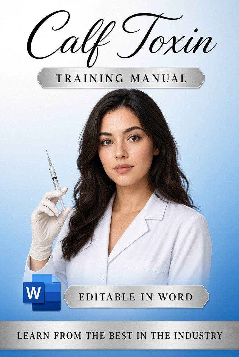 Calf Toxin editable training manual cover, woman in white clinic coat on blue background, Word file for aesthetics academies