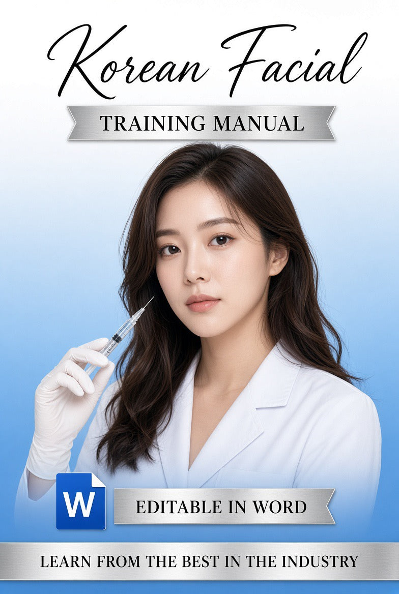 Korean Facial editable training manual cover, woman in white clinic coat on blue background, Word file for aesthetics academies