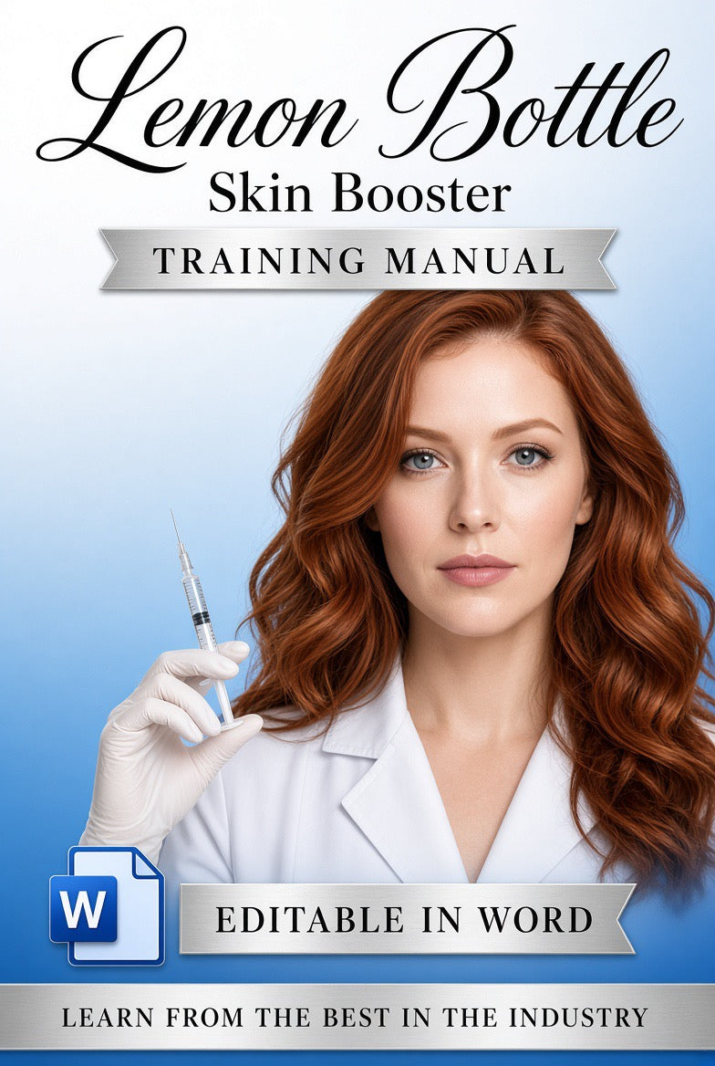 Promotional cover for a 'Lemon Bottle Skin Booster Training Manual' showing a woman in a white lab coat holding a syringe, with text including 'Editable in Word' and a Microsoft Word logo on a blue gradient background.