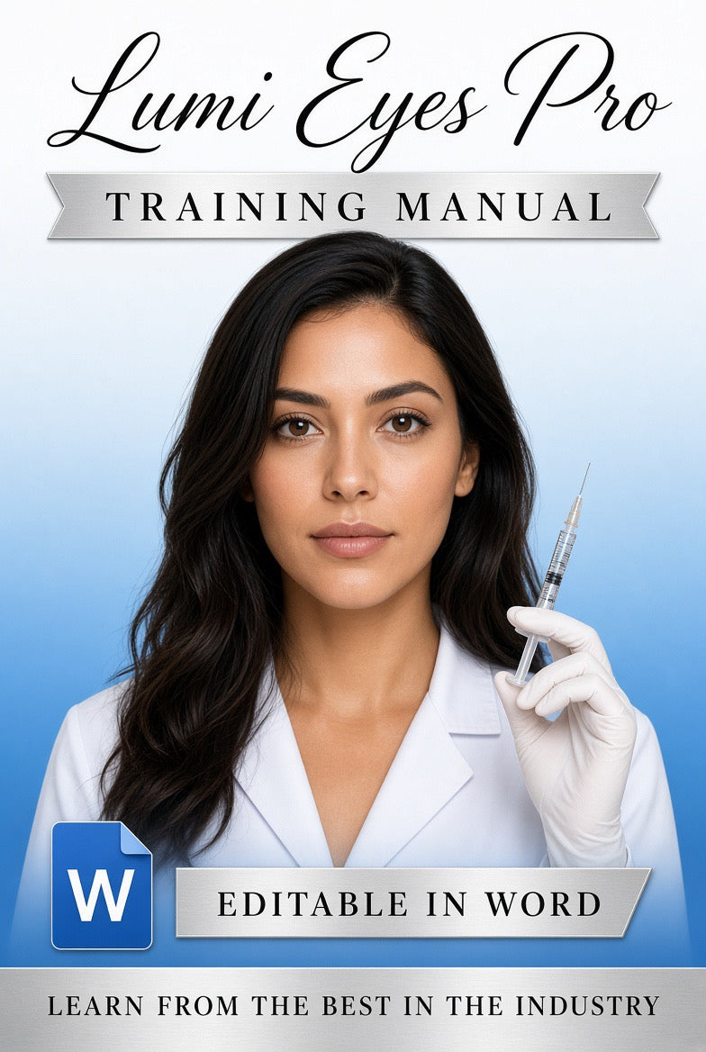 Promotional cover for Lumi Eyes Pro Training Manual, featuring a woman in a white lab coat holding a syringe against a blue gradient background, with text reading 'Lumi Eyes Pro Training Manual' and 'Editable in Word'.