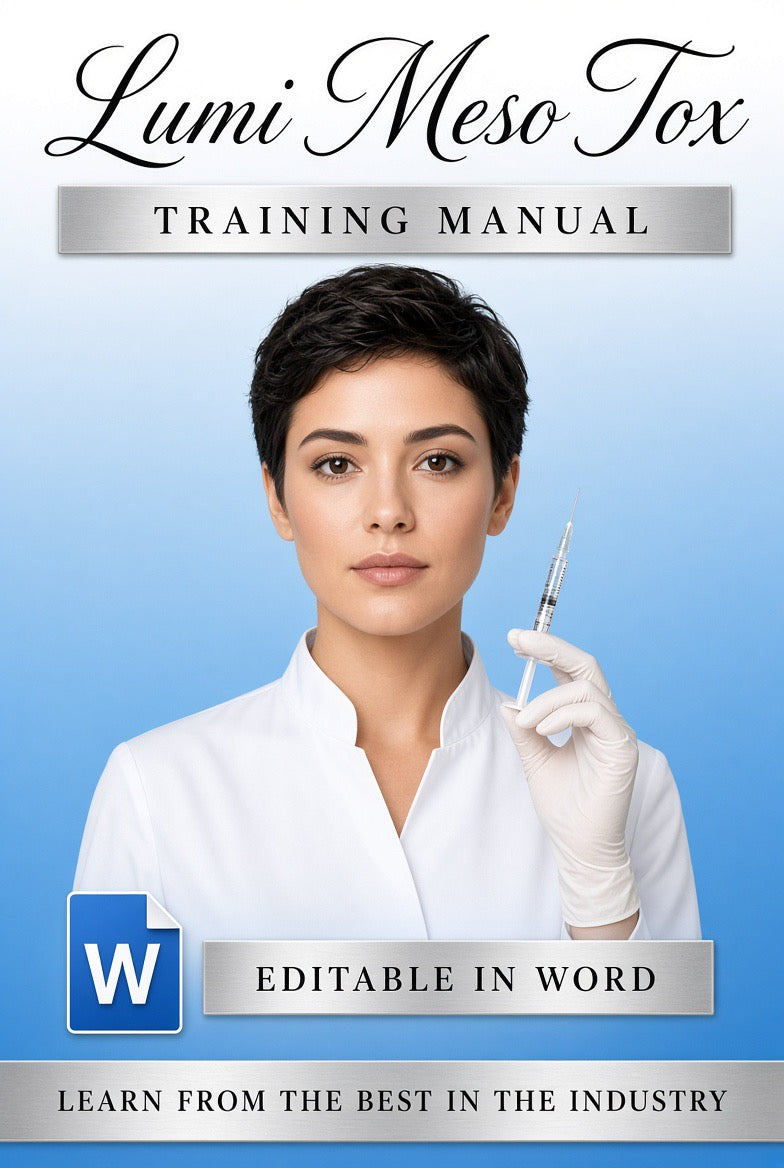 Lumi Meso Tox Training Manual cover featuring a woman in a white medical coat holding a syringe against a blue gradient background, with text reading 'Lumi Meso Tox Training Manual' and 'Editable in Word'.