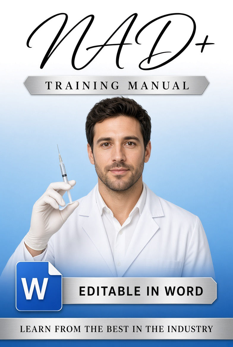 Promotional cover for a NAD+ Training Manual, featuring a man in a white lab coat holding a syringe against a blue gradient background. Text includes 'NAD+ TRAINING MANUAL,' 'EDITABLE IN WORD,' and a Microsoft Word logo.
