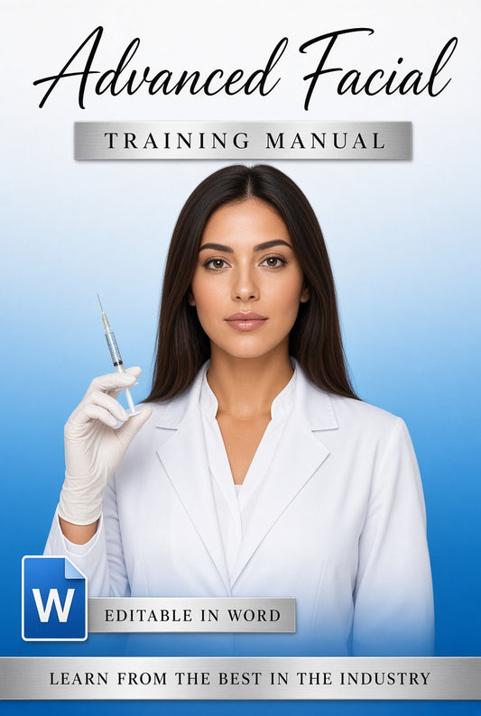 Digital cover for an 'Advanced Facial Training Manual' featuring a woman in a white lab coat holding a syringe, with text indicating it is editable in Word.