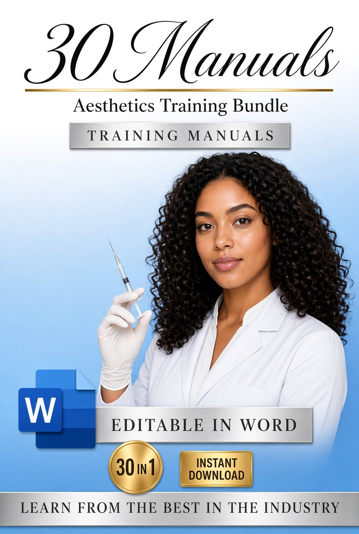 Promotional cover for a digital training bundle titled '30 Manuals Aesthetics Training Bundle'. The design features a woman with curly hair in a white lab coat holding a syringe, set against a blue gradient background.