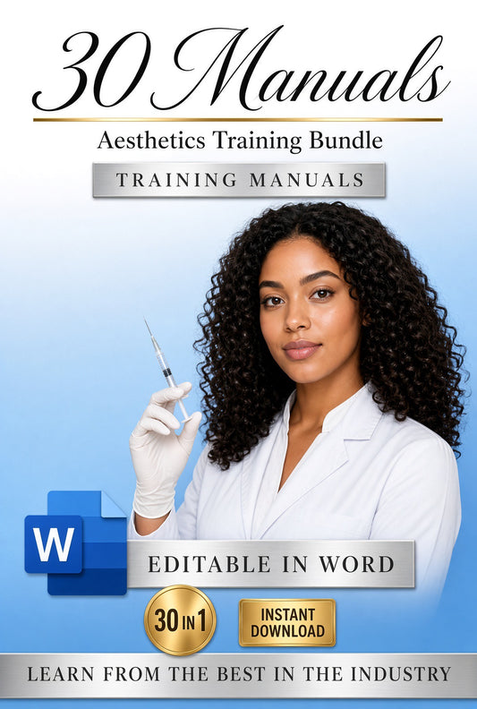 Promotional cover for a digital training bundle titled '30 Manuals Aesthetics Training Bundle'. The design features a woman with curly hair in a white lab coat holding a syringe, set against a blue gradient background.