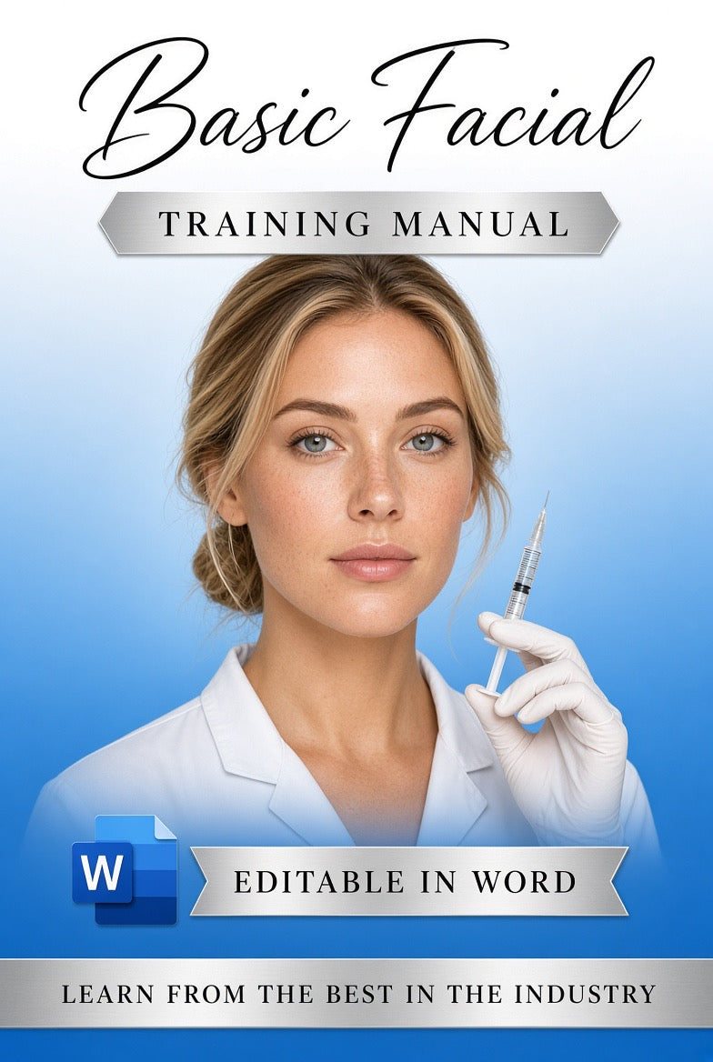 Digital cover for a 'Basic Facial Training Manual' featuring a woman in a white lab coat holding a syringe against a blue gradient background, with text indicating it is editable in Word.