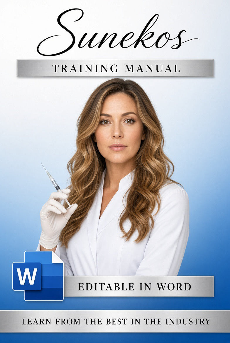 Cover of a Sunekos Training Manual featuring a woman in a white lab coat holding a syringe, with text reading 'Sunekos Training Manual' and 'Editable in Word' on a blue gradient background.