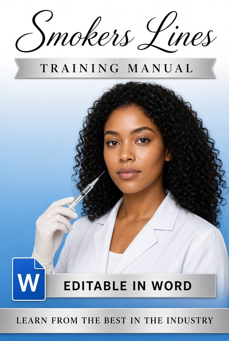 Promotional graphic for a 'Smokers Lines Training Manual' showing a female doctor in a white lab coat holding a syringe, with text indicating it is editable in Word.