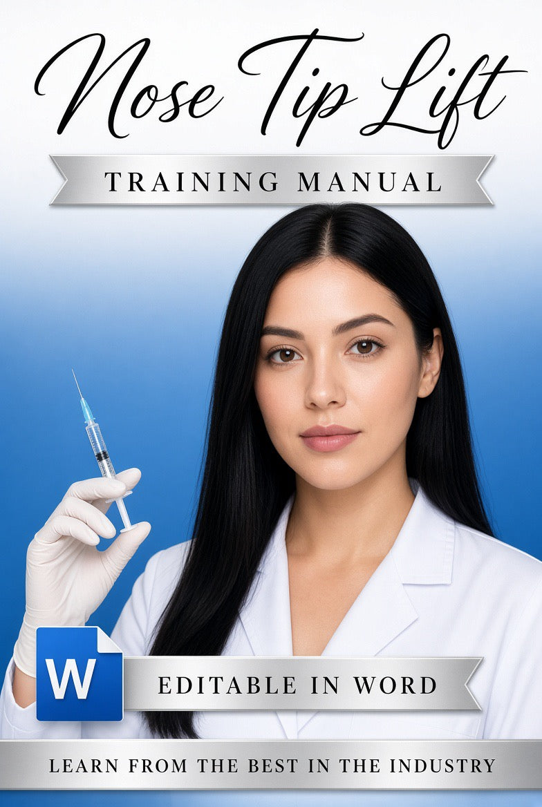 Promotional cover for a 'Nose Tip Lift Training Manual' featuring a woman in a white lab coat holding a syringe against a blue gradient background, with text stating 'Editable in Word' and a Word logo.