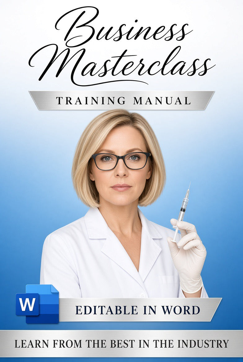 Promotional cover graphic for a Business Masterclass Training Manual, featuring a woman in a white lab coat holding a syringe against a blue gradient background, with text including 'EDITABLE IN WORD' and a Microsoft Word logo.