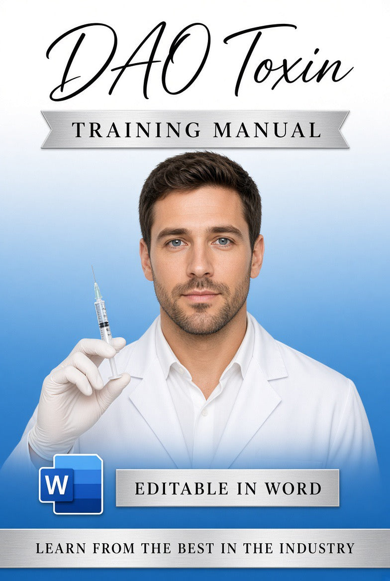 DAO Toxin editable training manual cover, man in white clinic coat on blue background, Word file for aesthetics academies