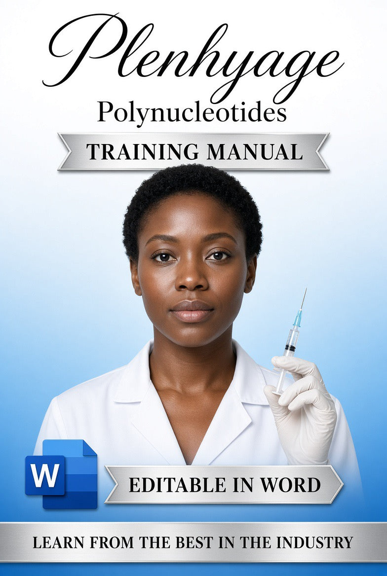 Plenhyage Polynucleotides editable training manual cover, woman in white clinic coat on blue background, Word file for aesthetics academies