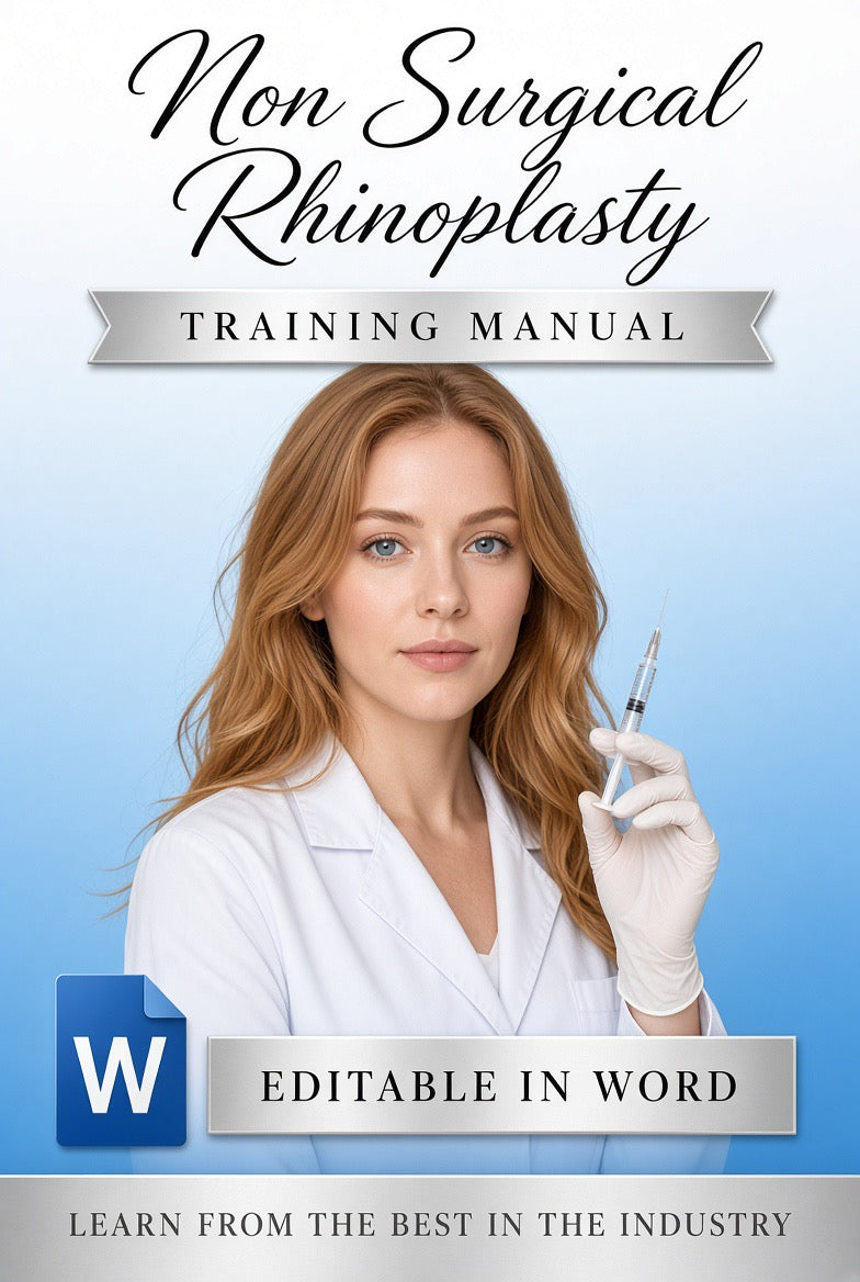 Non Surgical Rhinoplasty editable training manual cover, woman in white clinic coat on blue background, Word file for aesthetics academies