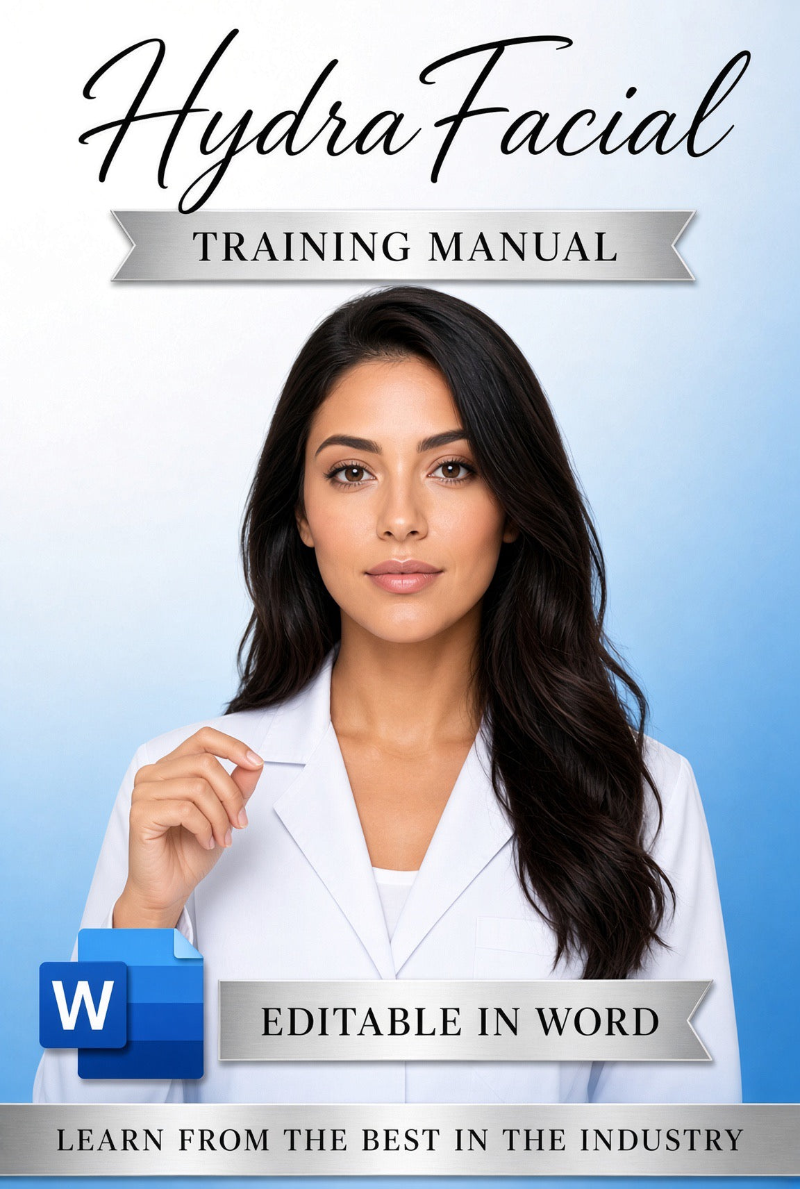 HydraFacial editable training manual cover, woman in white clinic coat on blue background, Word file for aesthetics academies