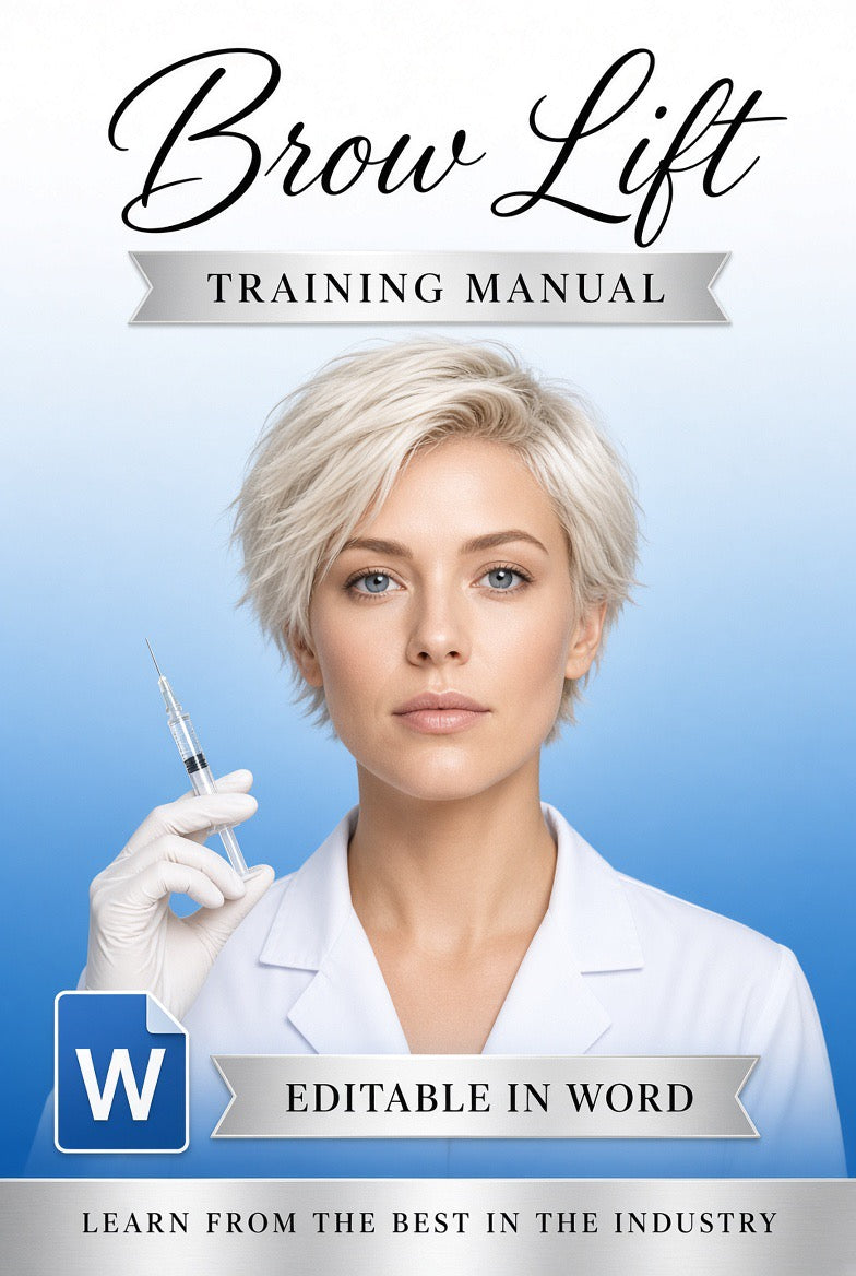 Brow Lift editable training manual cover, woman in white clinic coat on blue background, Word file for aesthetics academies
