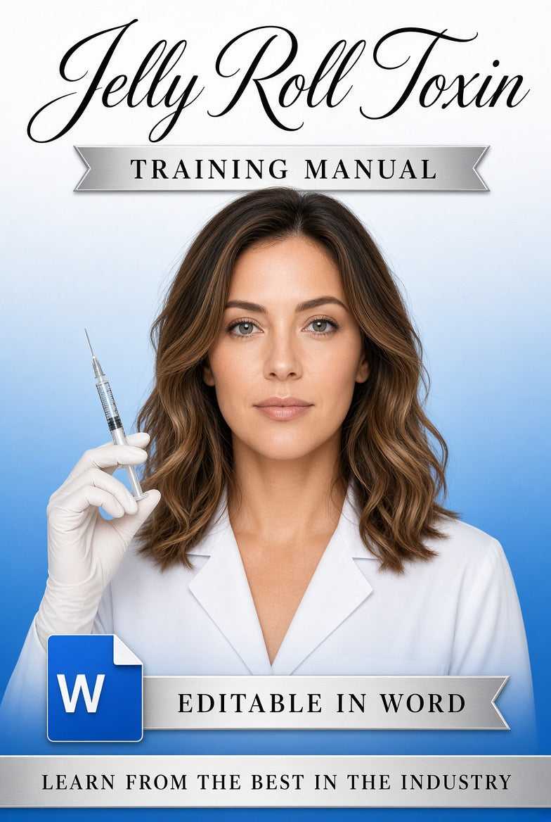 Promotional graphic for a 'Jelly Roll Toxin Training Manual' featuring a woman in a white lab coat holding a syringe, with text reading 'TRAINING MANUAL' and 'EDITABLE IN WORD'.