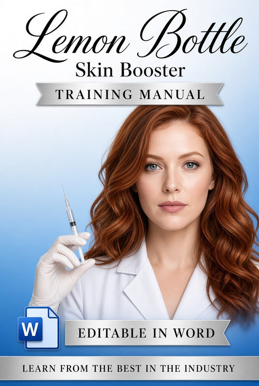 Promotional cover for a 'Lemon Bottle Skin Booster Training Manual' showing a woman in a white lab coat holding a syringe, with text including 'Editable in Word' and a Microsoft Word logo on a blue gradient background.