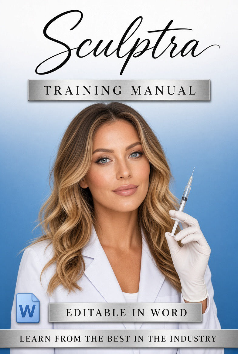 Sculptra editable training manual cover, woman in white clinic coat on blue background, Word file for aesthetics academies