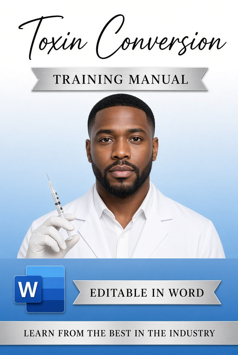 Promotional cover for a 'Toxin Conversion Training Manual' featuring a photo of a man in a white lab coat holding a syringe, with text stating 'Editable in Word' and a Microsoft Word logo on a blue gradient background.