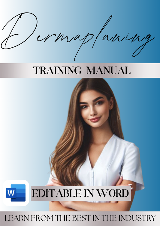 Promotional graphic for a 'Dermapping' training manual, featuring a woman in a white uniform against a blue gradient background, with text overlays indicating it is an editable Word document.